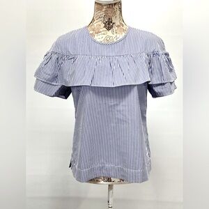 J CREW Blue and white micro stripe ruffle‎ top blouse size 8.